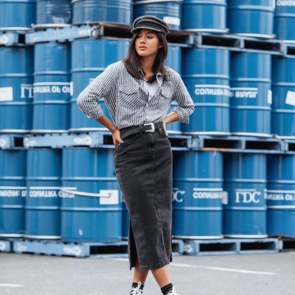 Long Black Denim Skirt with side splits, Size 6 by Dissh